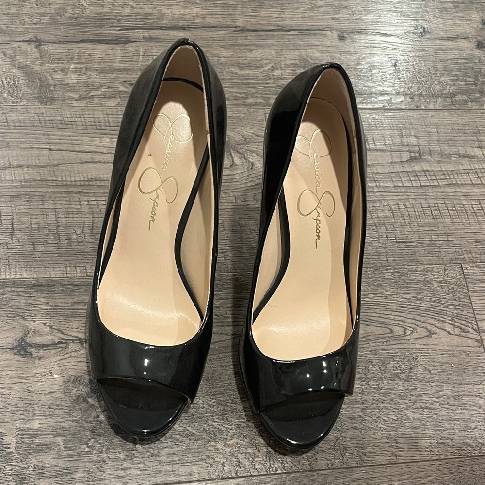 Jessica Simpson Glossy Black Peep Toe Heels